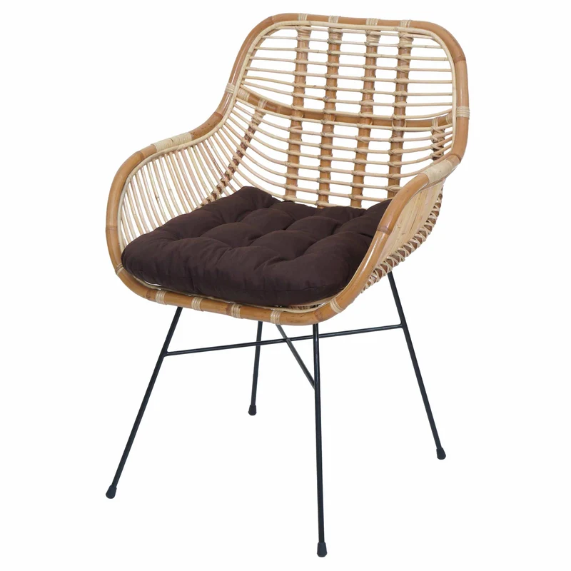 Chaise de salle à manger en rotin Kubu naturel avec coussin marron avec accoudoirs et structure métal style naturel bohème 04_0009155