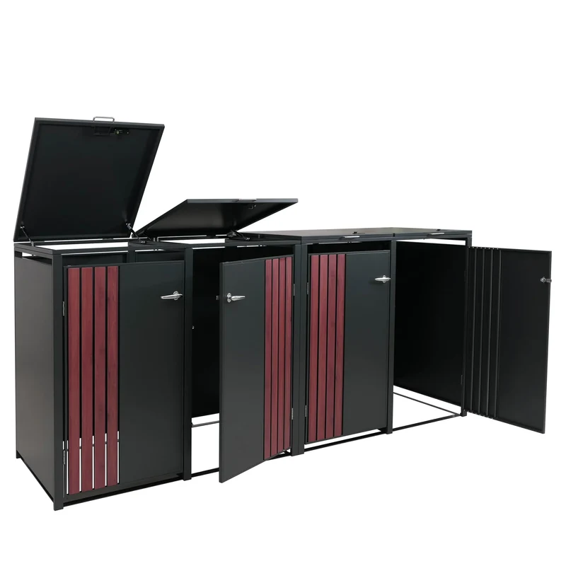 Cache-poubelles extérieur pour 4 bacs 80 à 240 L en acier anthracite effet bois abri poubelles avec couvercle et portes verrouillables 264 x 84 x 122 cm 04_0009342