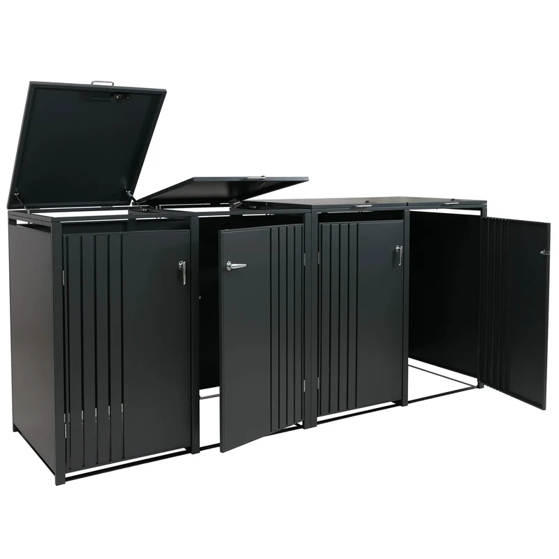 Cache-poubelles extérieur pour 4 bacs 80 à 240 L en acier anthracite abri poubelles avec couvercles et portes verrouillables 264 x 84 x 122 cm 04_0009344