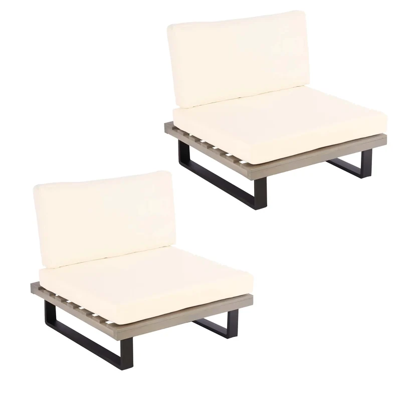 Lot de 2 fauteuils lounge de jardin en bois d’acacia et aluminium pour extérieurs avec coussins crème 04_0009393