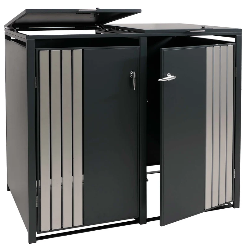 Cache-poubelles extérieur pour 2 bacs 80 à 240 L en acier anthracite abri poubelles avec couvercles portes verrouillables et vérins à gaz 132 x 84 x 122 cm 04_0009349
