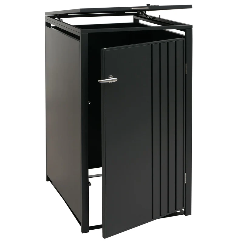 Cache-poubelle extérieur pour 1 bac 80 à 240 L en acier anthracite abri poubelle avec couvercle et porte verrouillables 68 x 84 x 122 cm 04_0009355