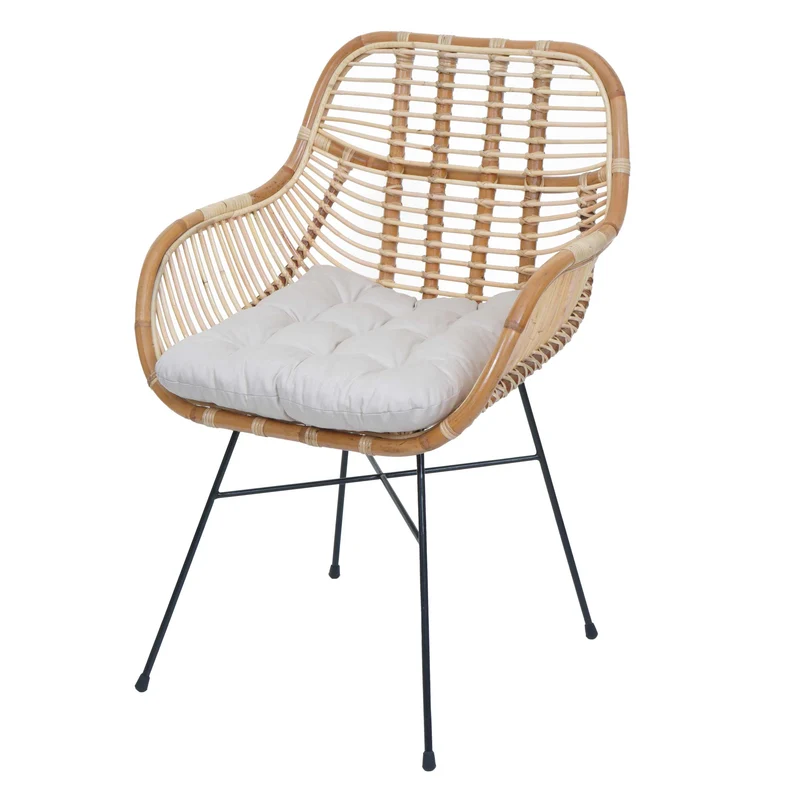 Chaise de salle à manger en rotin Kubu naturel avec coussin crème avec accoudoirs et structure métal style naturel bohème moderne 04_0009161