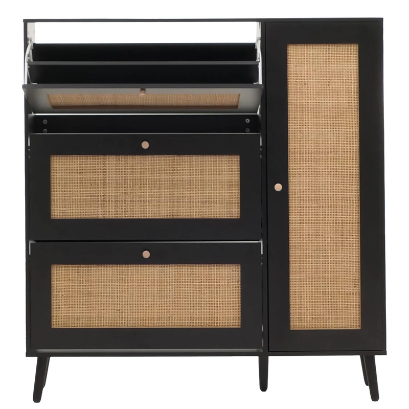 Meuble à chaussures armoire à chaussures avec 3 compartiments basculants et 2 étagères 127 x 120 x 24 cm bois mélaminé noir avec rotin Kubu naturel 04_0009450