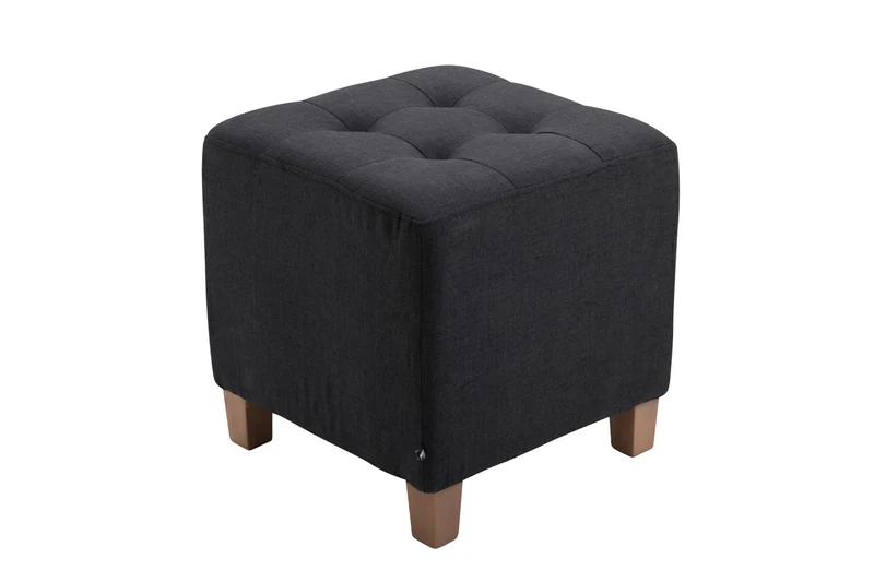 Tabouret bas repose-pieds pouf capitonné en tissu noir pieds en bois 45x46 cm 10_0000162