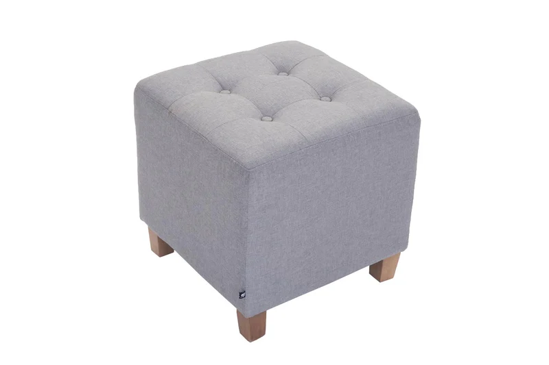 Tabouret bas repose-pieds pouf capitonné en tissu gris clair pieds en bois 45x46 cm 10_0000061