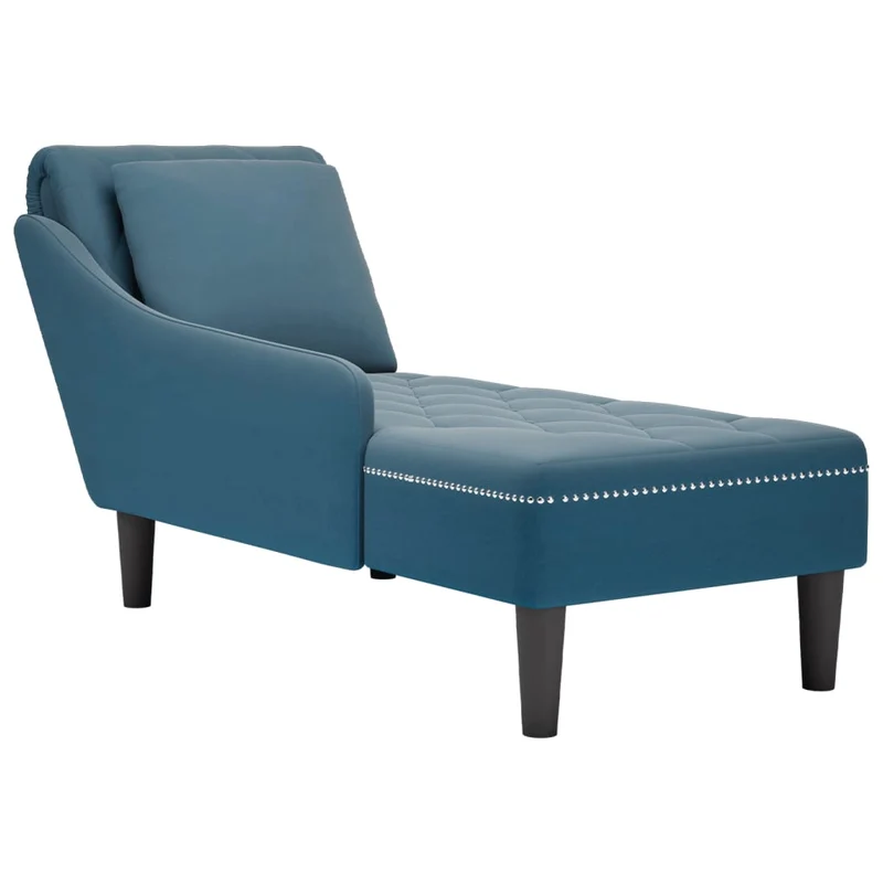 Méridienne chaise longue pour intérieur avec coussin et accoudoir droit en velours bleu bouton décoratif DEC026252