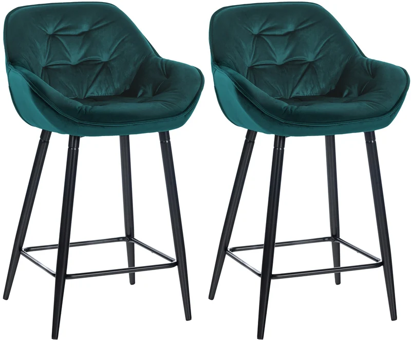 Lot de 2 tabourets de bar chaises hautes assise effet capitonnée en velours vert foncé et métal noir 10_0004153