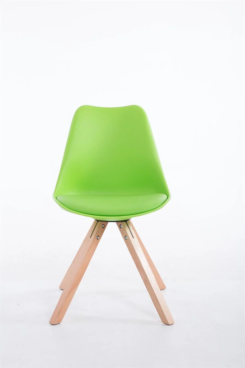 Chaise de salle à manger design scandinave en plastique et PVC vert et pieds en bois clair forme rond 10_0008732