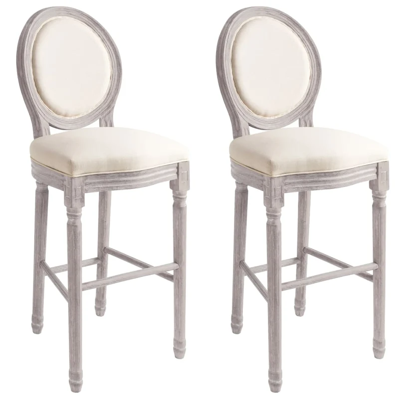 Lot de 2 tabourets de bar chaises hautes avec dossier design classique en bois et tissu blanc DEC029611