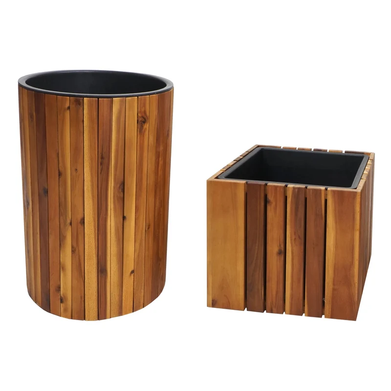 Lot de 2 jardinières cache-pot pot de fleur bac à fleurs rond carré extérieur bois d'acacia marron 04_0007414
