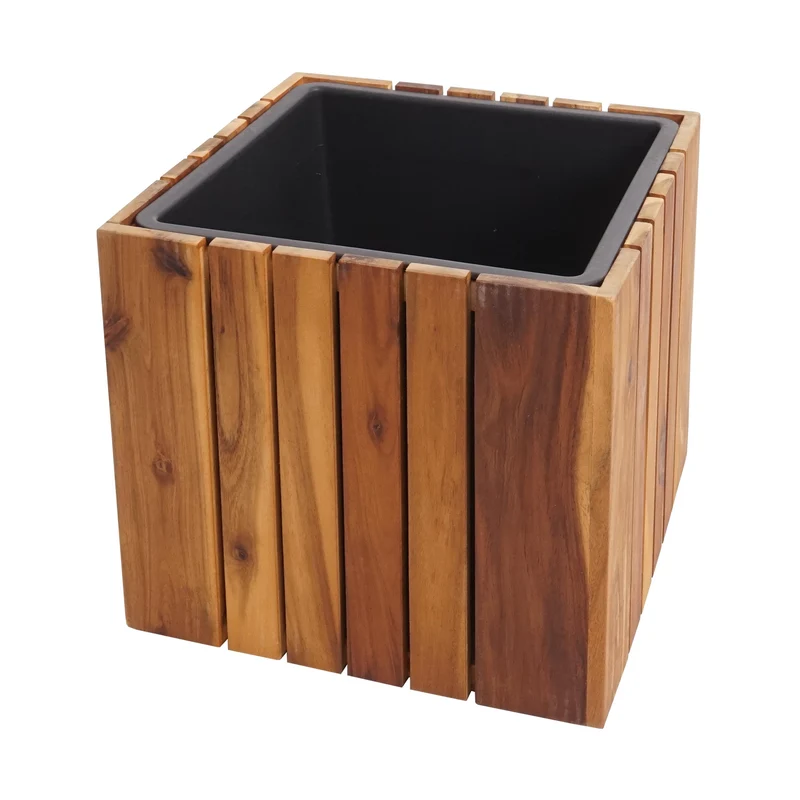 Jardinière pot de fleurs cache-pot carré 32x32x32 cm pour extérieur en bois d'acacia marron 04_0007219