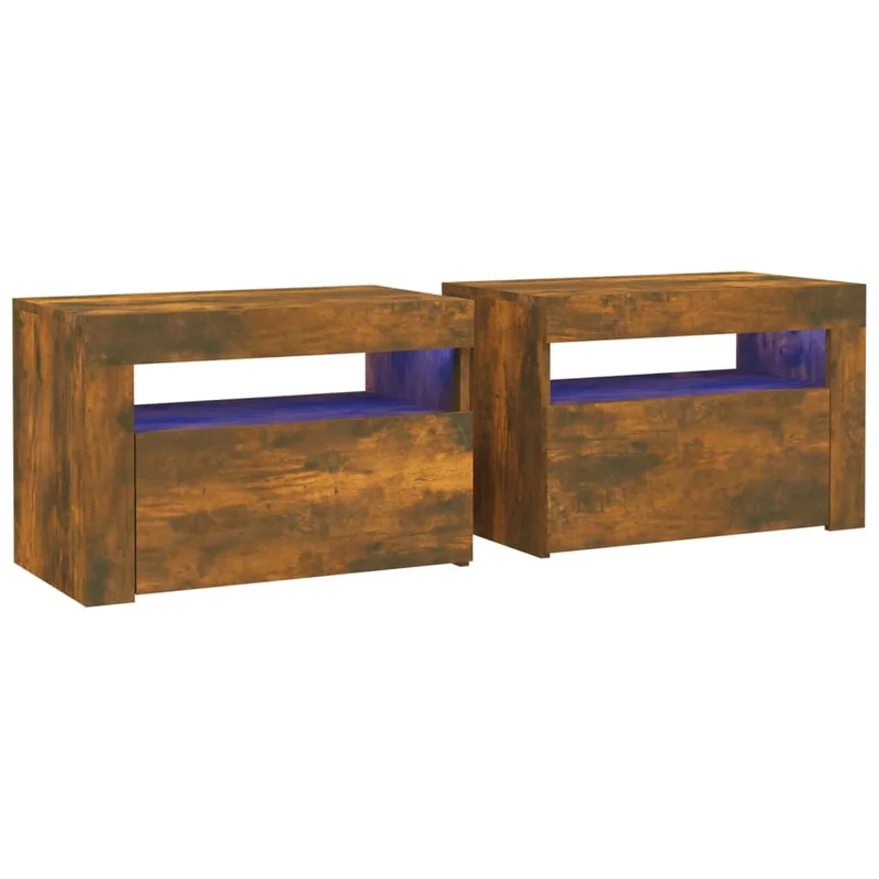 Lot de 2 tables de chevet avec lumière LED et espace de rangement 60 x 35 x 40 cm bois d'ingénierie marron DEC034837