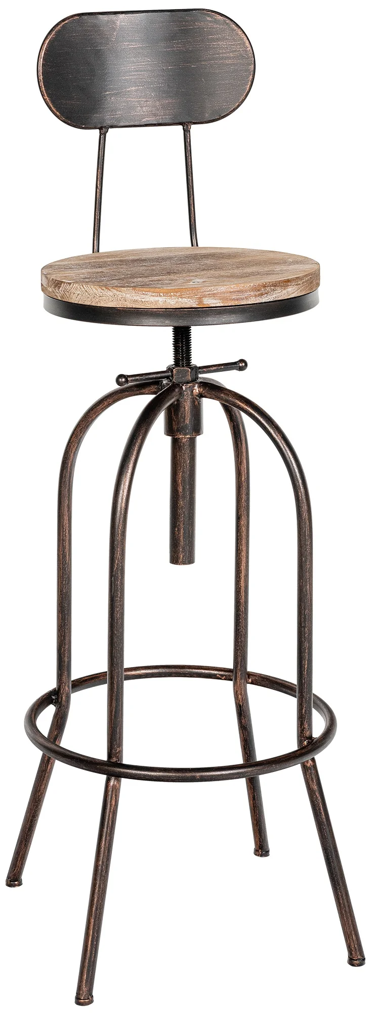 Tabouret de bar x1 design industriel avec dossier repose-pieds en bois et métal bronze 10_0005823