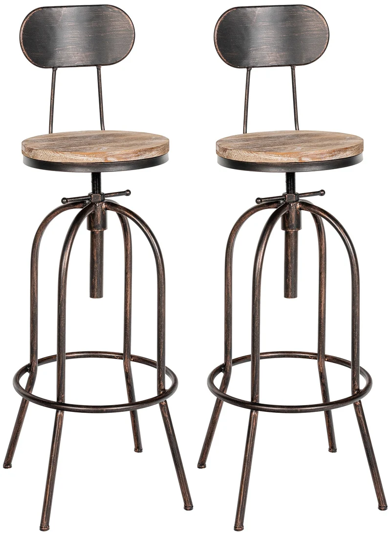 Lot de 2 tabourets de bar design industriel avec dossier repose-pieds en bois et métal bronze 10_0006179