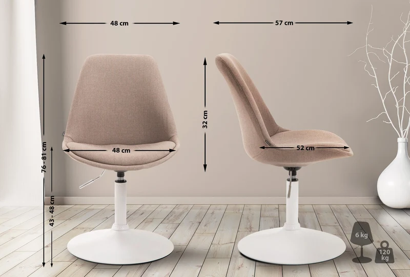 Chaise de salle à manger x1 pivotante hauteur réglable en tissu taupe et pied trompette en métal blanc 10_0008280