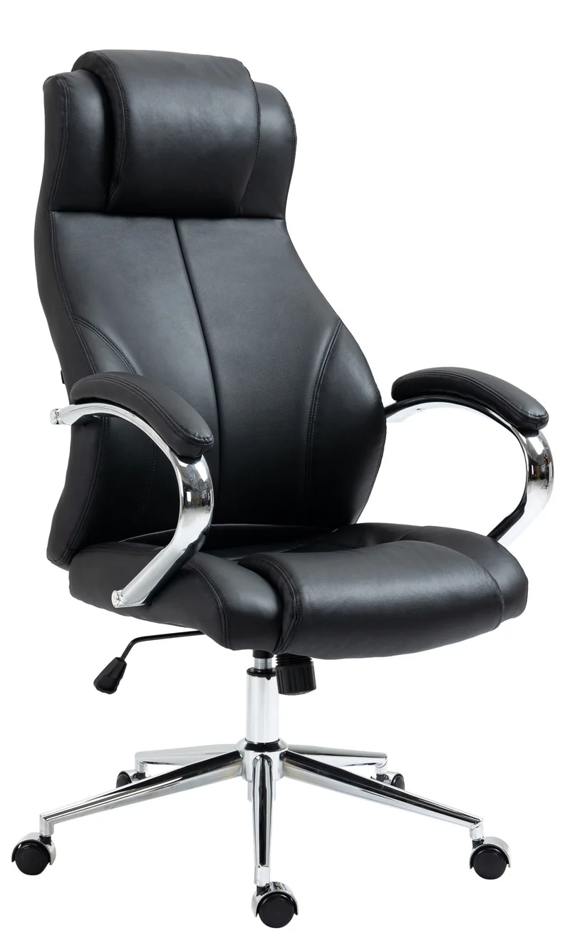 Fauteuil de bureau sur roulettes avec accoudoirs forme ergonomique en véritable cuir noir et métal chromé 10_0002642