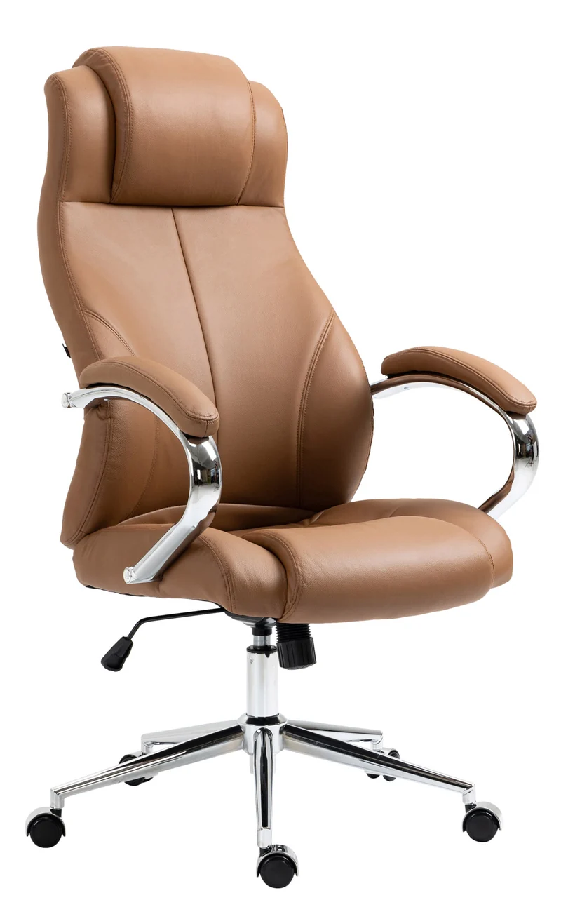 Fauteuil de bureau sur roulettes dossier ergonomique en S appui-tête en cuir véritable marron clair et métal 10_0006955