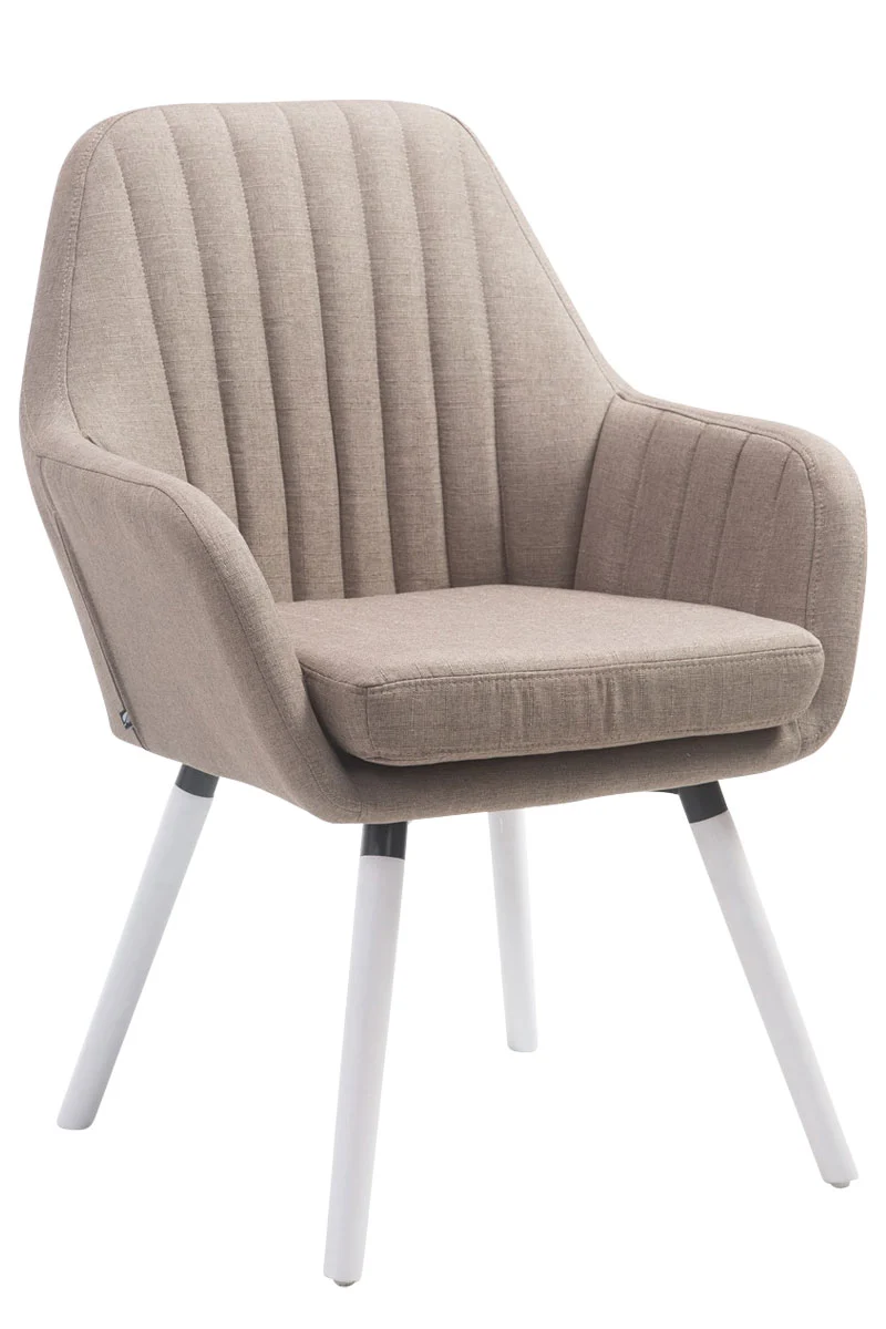 Chaise de salle à manger design rétro moderne avec accoudoirs rembourrée en tissu taupe avec pieds en bois blanc 10_0008819