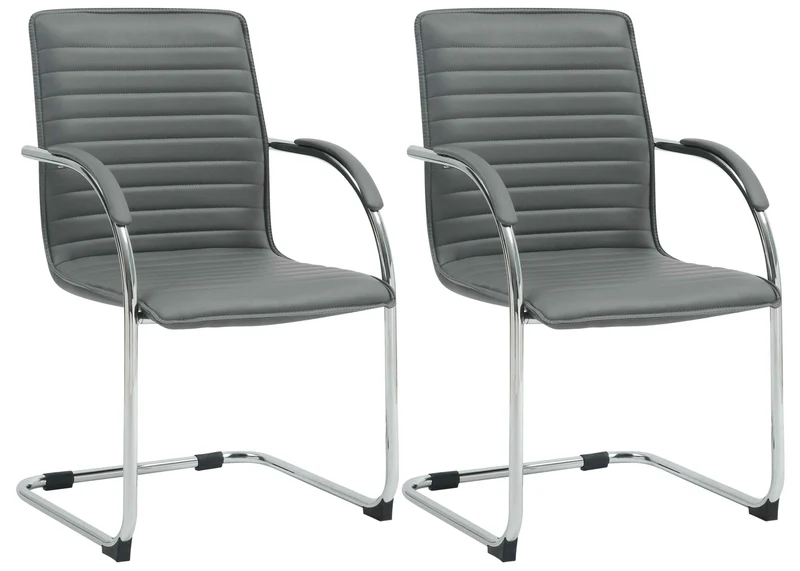 Lot de 2 chaises visiteur en similicuir gris piètement luge métal avec accoudoirs style moderne bureau salle d’attente 10_0008534