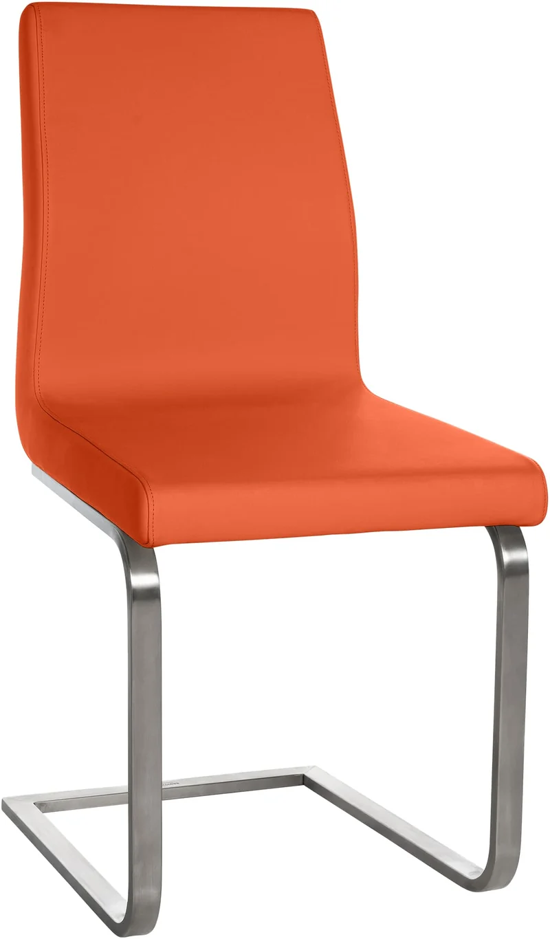 Chaise de salle à manger x1 en similicuir orange piètement acier inoxydable luge style moderne assise rembourrée 10_0007658