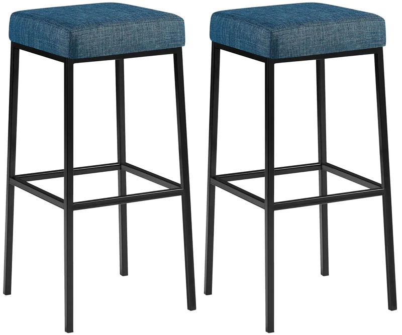 Lot de 2 tabourets de bar assise tissu bleu rembourrée piètement métal noir avec repose-pieds 10_0006826