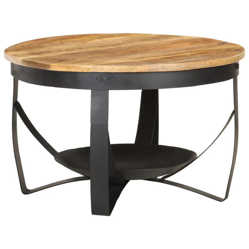 Table basse style industriel rustique Ø68 x 43 cm bois de manguier brut et fer DEC040234