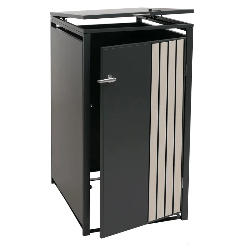 Cache-poubelle pour 1 bac avec couvercle abri pour poubelle 122x68x84 cm en métal anthracite aspect bois clair 04_0009354