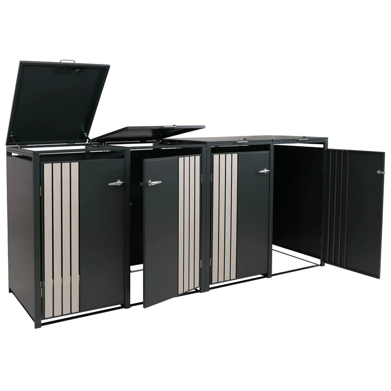 Cache-poubelles pour 4 bacs avec couvercle abri pour poubelles en métal avec ouverture par le haut 122x264x84 cm anthracite aspect bois clair 04_0009343