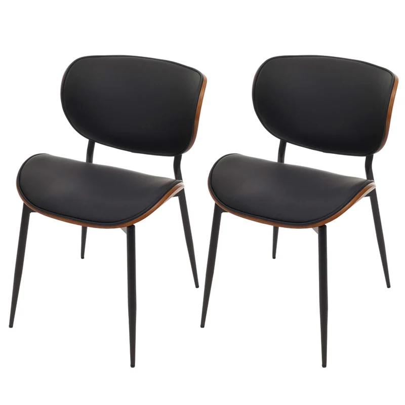 Lot de 2 chaises de salle à manger design rétro avec dossier en bois courbé et revêtement similicuir noir aspect noyer 04_0009505
