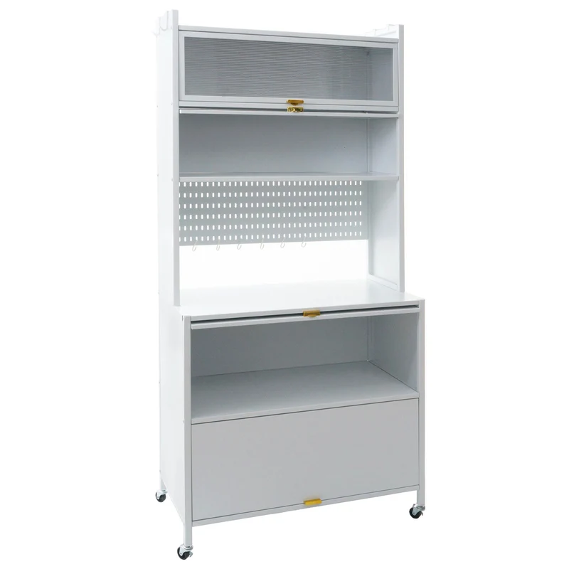 Armoire de cuisine meuble de rangement avec plan de travail étagères et roulettes métal blanc 175x80x42 cm 04_0009370