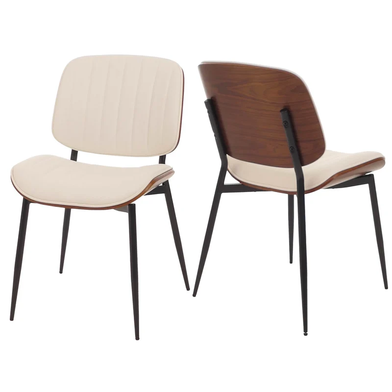 Lot de 2 chaises de salle à manger en bois courbé finition noyer et simili cuir crème avec surpiqûres verticales décoratives design moderne et élégant 04_0009479