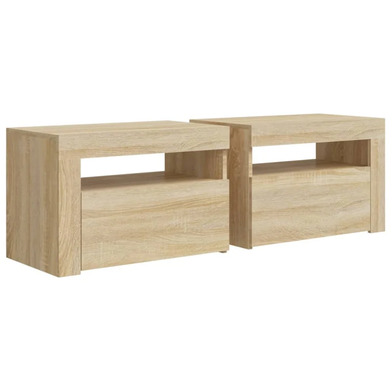 Lot de 2 tables de chevet lumière LED avec compartiment avec porte 60 x 35 x 40 cm bois d'ingénierie couleur chêne DEC034839