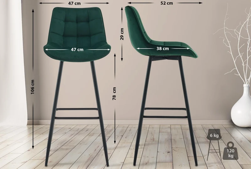 Tabouret de bar x1 coutures décoratives carrées avec repose-pieds en velours vert quatre pieds en métal 10_0006878