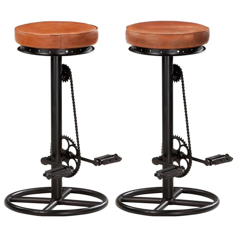 Lot de 2 tabourets de bar chaises hautes en cuir véritable de chèvre marron avec pédales de vélo comme repose-pied acier DEC029836