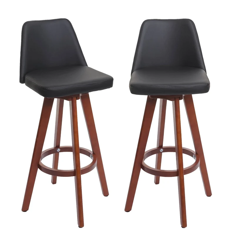 Lot de 2 tabourets de bar chaises comptoir rotatif en PVC noir et bois 04_0007454