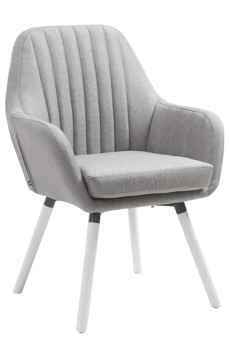 Chaise de salle à manger design rétro moderne avec accoudoirs rembourrée en tissu gris avec pieds en bois blanc 10_0008837