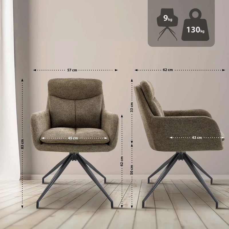 Lot de 2 chaises de salle à manger avec accoudoirs assise fonction pivotante en tissu marron 10_0007722