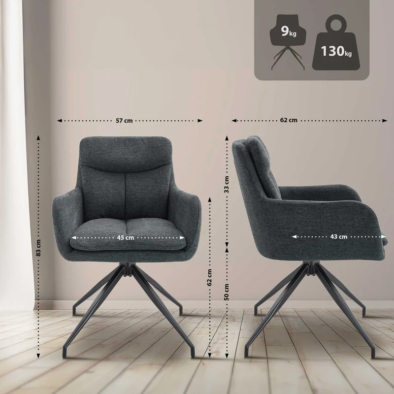 Lot de 2 chaises de salle à manger fauteuils pivotants 180° en tissu gris foncé avec accoudoirs et piètement métal 10_0007699