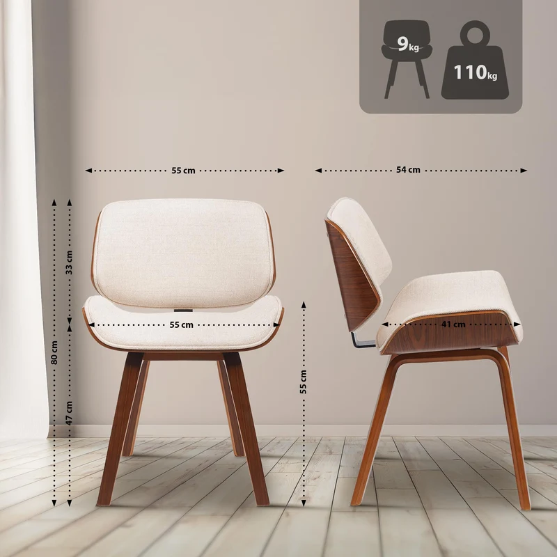Chaise de salle à manger design rétro en tissu crème avec piètement en bois courbé aspect noyer 10_0007526