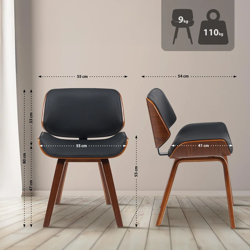 Chaise de salle à manger design rétro en simili cuir noir avec piètement en bois courbé aspect noyer 10_0007358