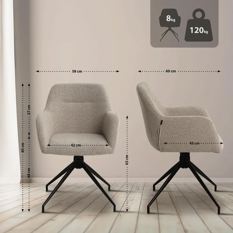 Chaise de salle à manger siège pivotant 360° en tissu taupe avec accoudoirs et piètement métal noir 10_0007252