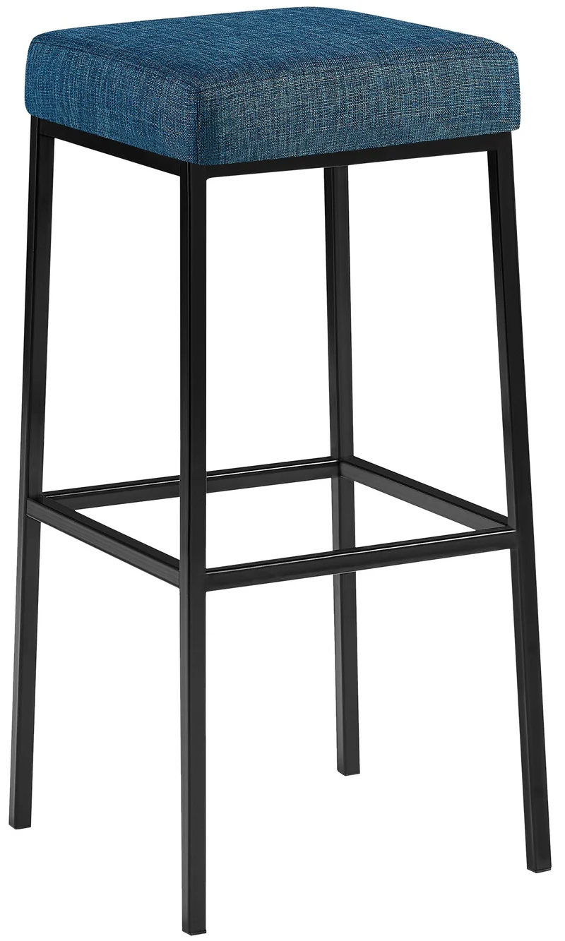 Tabouret de bar x1 hauteur d'assise 85 cm en tissu bleu avec repose-pieds et structure métallique noir 10_0006657