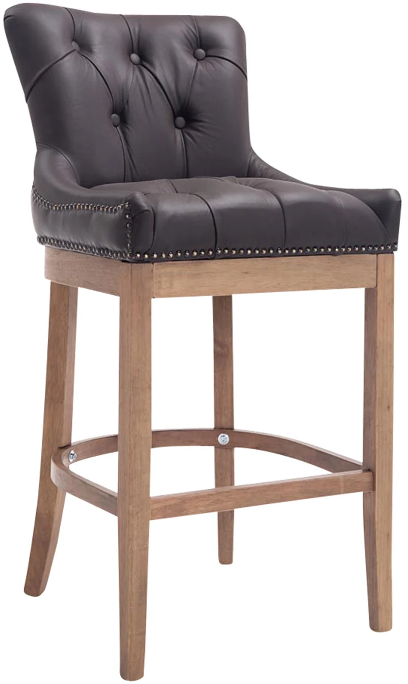 Tabouret de bar x1 en cuir véritable marron avec dossier capitonné et piètement en bois d’hévéa 10_0005058