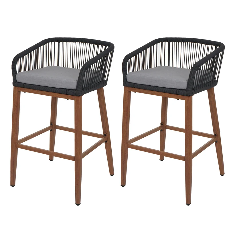 Lot de 2 tabourets de bar intérieur ou extérieur avec tressage en corde anthracite structure en métal aspect bois coussins gris clair 04_0009607