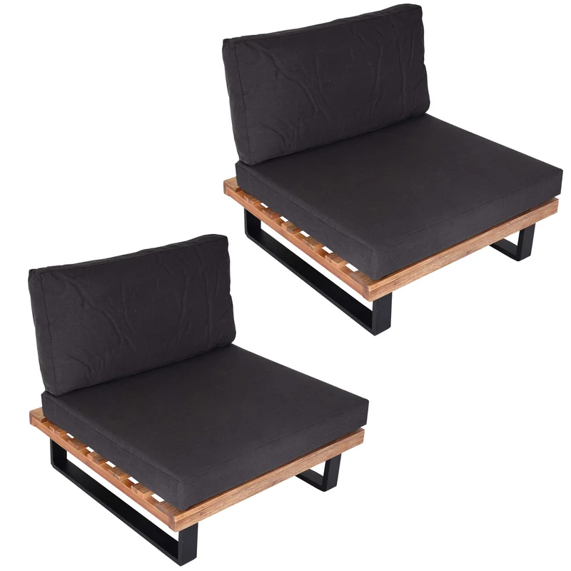 Lot de 2 fauteuils lounge pour jardin avec coussins coussins gris foncé structure aluminium et bois d’acacia marron clair 04_0009398