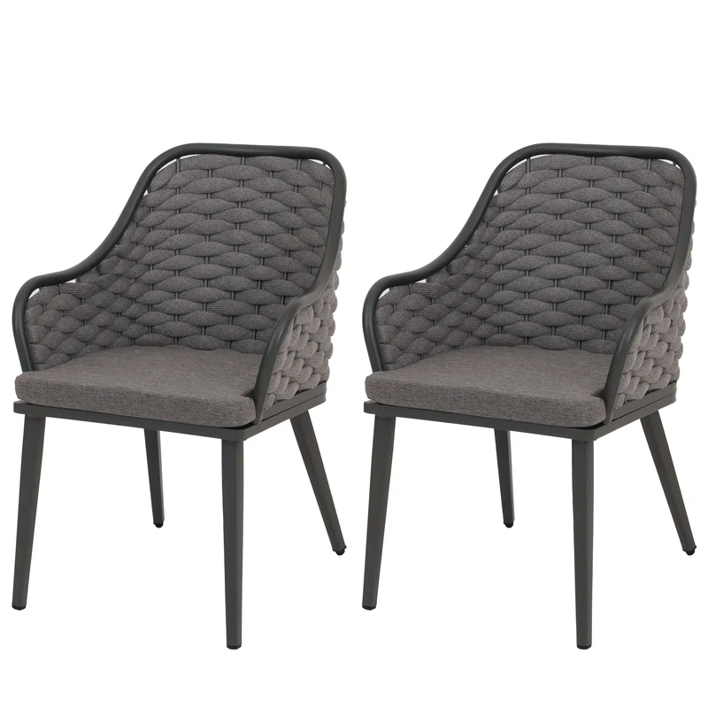 Lot de 2 chaises de jardin avec tressage épais et coussins gris style moderne en aluminium anthracite 04_0009595