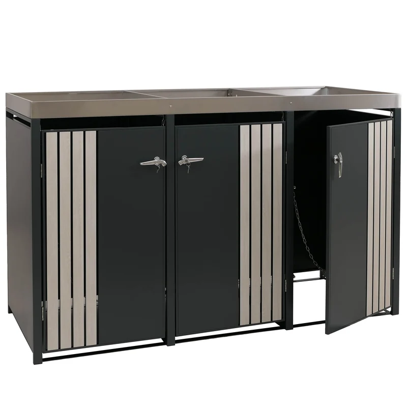 Cache-poubelles pour 3 bacs abri pour poubelles en métal avec bac à plantes 125x196x84 cm, env. 75 kg anthracite aspect bois clair 04_0009318