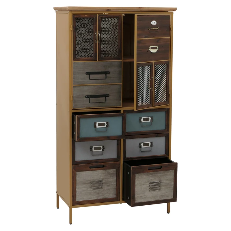 Commode style apothicaire buffet avec 6 tiroirs et 2 portes meuble vintage shabby chic 136x73x35 cm MDF bleu aspect métal 04_0009138