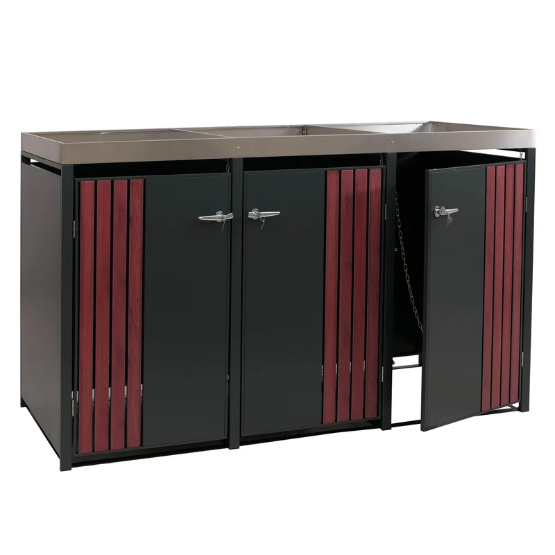 Cache-poubelles pour 3 bacs abri pour poubelles en métal avec bac à plantes 125x196x84 cm anthracite aspect bois foncé 04_0009317